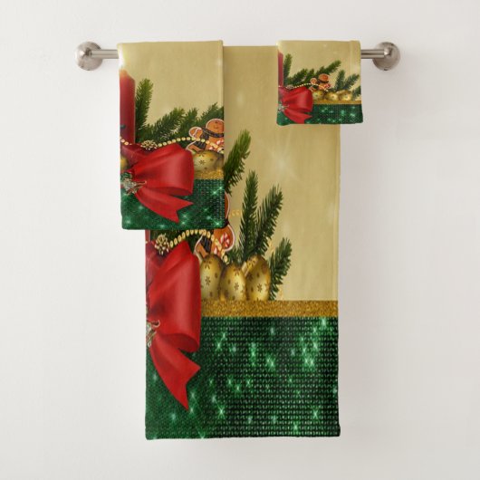 Roter Bow, Kerze, Kiefernbäume, Schneeflocken Badhandtuch Set (Insitu)