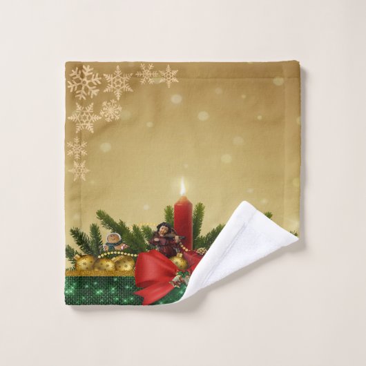 Roter Bow, Kerze, Kiefernbäume, Schneeflocken Badhandtuch Set (Waschlappen)