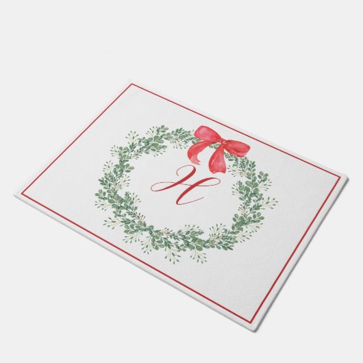 Roter Bow-Wreath-Monogramm Fußmatte (Schrägansicht)