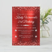 Roter Brushed Metal und Glitzer 21. Geburtstag Einladung (Stehend Vorderseite)