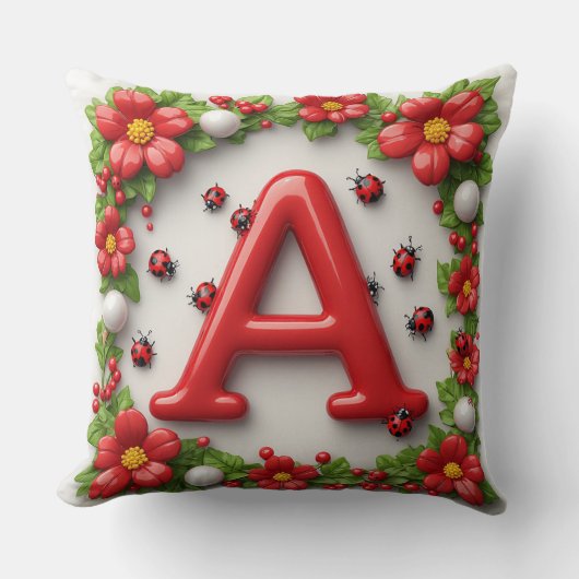 🐞 Roter Buchstabe A mit Marienkäfern Mohnblumen Kissen (Vorderseite)