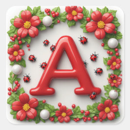 🐞 Roter Buchstabe A mit Marienkäfern Mohnblumen Quadratischer Aufkleber