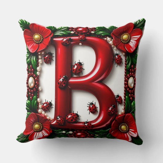 🐞 Roter Buchstabe B Marienkäfer Mohn Perlen Kissen (Vorderseite)