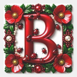 🐞 Roter Buchstabe B Marienkäfer Mohn Perlen Quadratischer Aufkleber