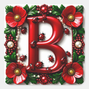 🐞 Roter Buchstabe B Marienkäfer Mohn Perlen Quadratischer Aufkleber