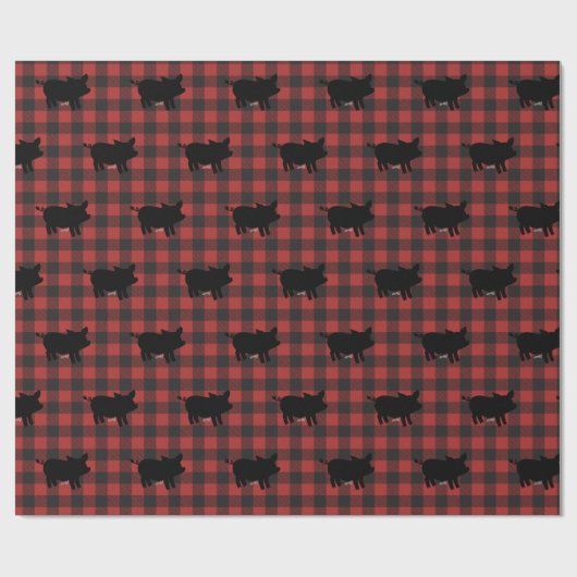 Roter Büffel kariert mit Schweinen Geschenkpapier (Flach)