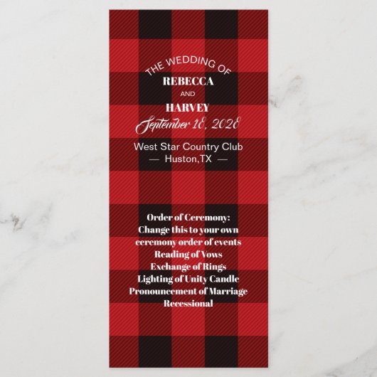 Roter Büffel karierte rustikale Winterhochzeiten Programm (Vorderseite)