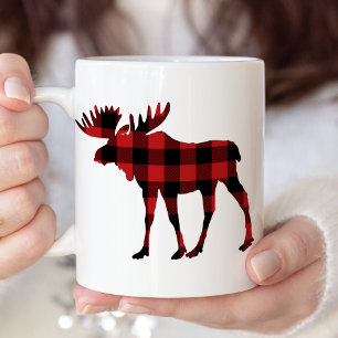 Roter Büffel-karierte Weihnachtselch-Silhouette Zweifarbige Tasse