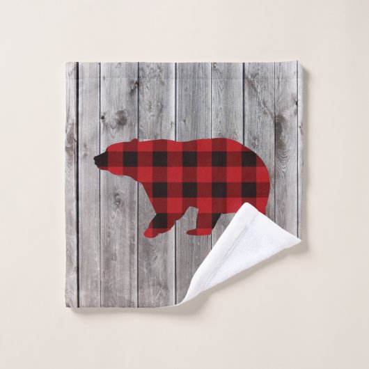 Roter Büffel karierter Bär aus rustikalem Wald Badhandtuch Set (Waschlappen)