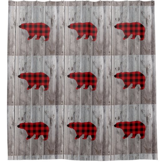 Roter Büffel karierter Bär aus rustikalem Wald Duschvorhang (Vorderseite)