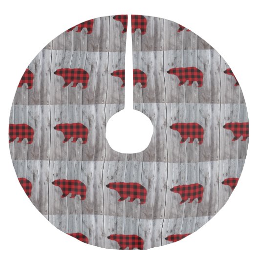 Roter Büffel karierter Bär aus rustikalem Wald Polyester Weihnachtsbaumdecke (Vorderseite)