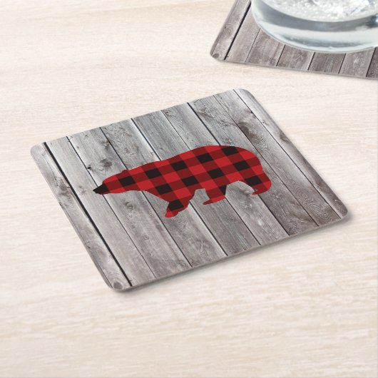 Roter Büffel karierter Bär aus rustikalem Wald Rechteckiger Pappuntersetzer (angewinkelt)
