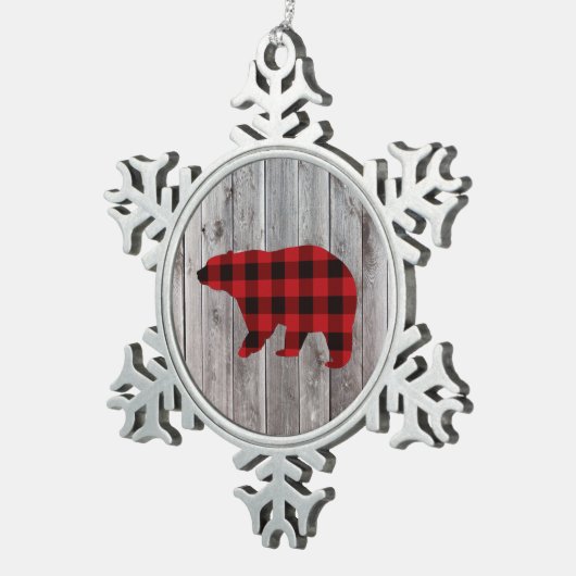 Roter Büffel karierter Bär aus rustikalem Wald Schneeflocken Zinn-Ornament (Rechts)