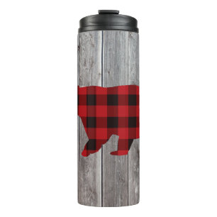 Roter Büffel karierter Bär aus rustikalem Wald Thermosbecher