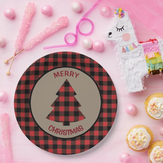 Roter Büffel-karierter Grenzweihnachtsbaum Pappteller (Party)