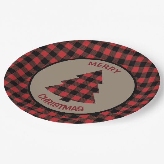 Roter Büffel-karierter Grenzweihnachtsbaum Pappteller (Schrägansicht)
