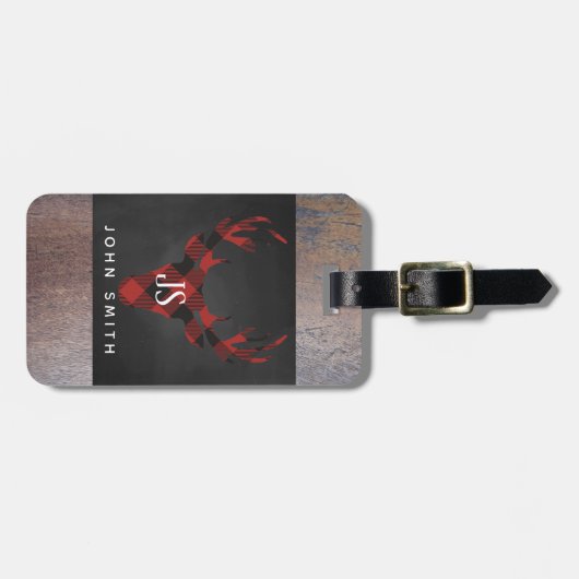 Roter Büffel-kariertes Rotwild-Kopf-Monogramm Gepäckanhänger (Vorderseite horizontal)