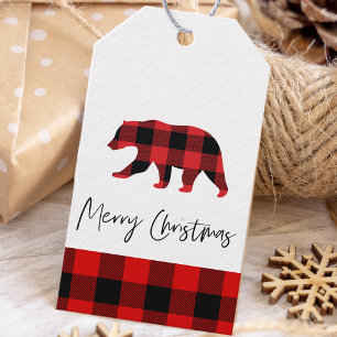 Roter Büffel-Karo-Bär & Frohe Weihnachten Geschenkanhänger