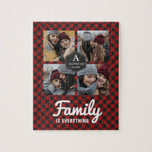 Roter Büffel-Karo-Lumberjack-Familienfoto-Collage Puzzle