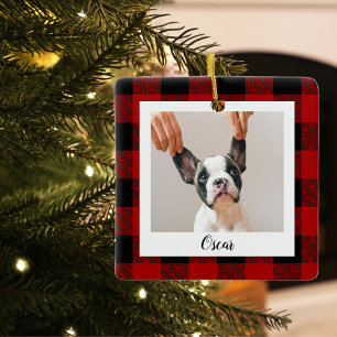 Roter Büffel-Karo & Name und Hund-Foto Keramikornament