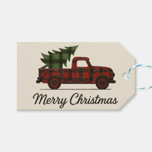 Roter Büffel-Karo Vintage-LKW und Weihnachtsbaum Geschenkanhänger