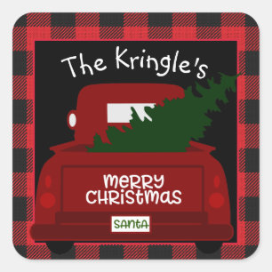 Roter Büffel-Karo-Vintage-LKW-Weihnachtsaufkleber Quadratischer Aufkleber
