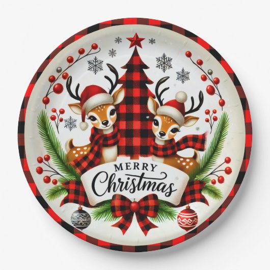Roter Büffelkariert Weihnachten Pappteller (Vorderseite)