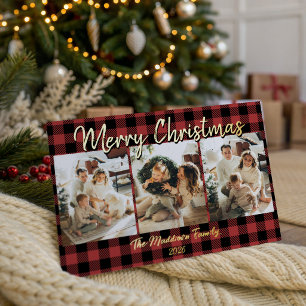 Roter Büffelkariert Weihnachtsfamilienfoto-Collage Folien Feiertagskarte