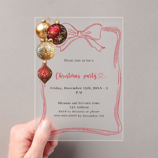 Roter Bug Goldbaubles Weihnachtsgebäck mattiertes Acryleinladungen (Insitu (Handheld))