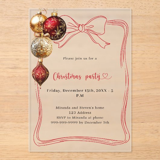 Roter Bug Goldbaubles Weihnachtsgebäck mattiertes Acryleinladungen (Vorderseite)