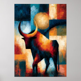 Roter Bull Japanische Geometrische Tierkunst Poster
