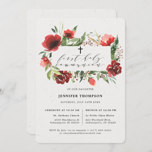 Roter Burgund Grüne Eukalyptus Erste Kommune Einladung (Vorne/Hinten)