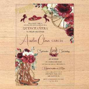 Roter Burgunder Floral Charro Western Quinceanera Acryleinladungen