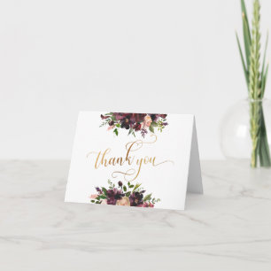 Roter Burgunder & Rosafarbene Blumen, Gold Schrift Dankeskarte