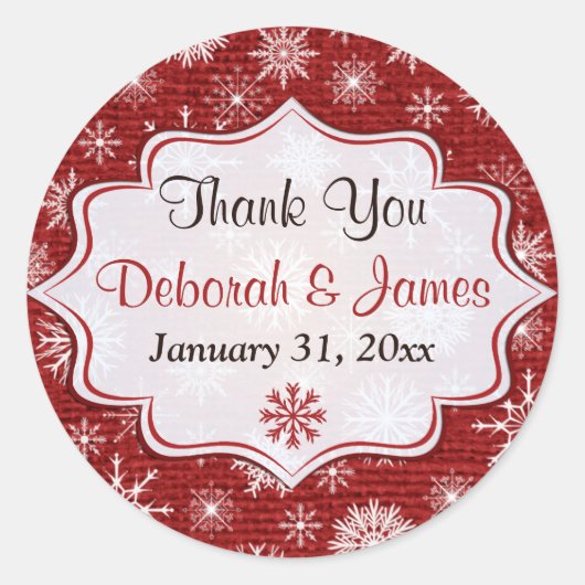 Roter Burlap-Schneeflocken-Gastgeschenk Hochzeit S Runder Aufkleber (Vorderseite)
