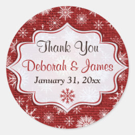 Roter Burlap-Schneeflocken-Gastgeschenk Hochzeit S Runder Aufkleber