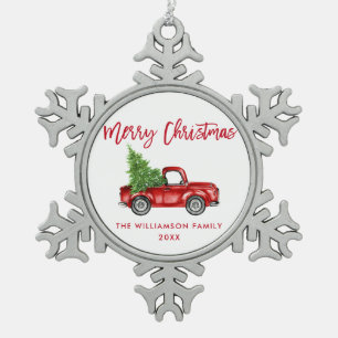 Roter Bürsten-Skriptwatercolor-Vintager LKW Schneeflocken Zinn-Ornament