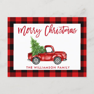 Roter Bürstenschrift-Vintage-LKW-Weihnachts-Karo Postkarte