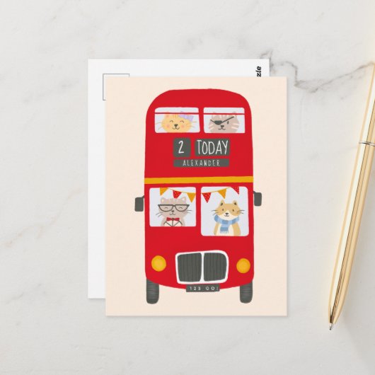 Roter Bus Geburtskarte Postkarte (Vorderseite/Rückseite Beispiel)