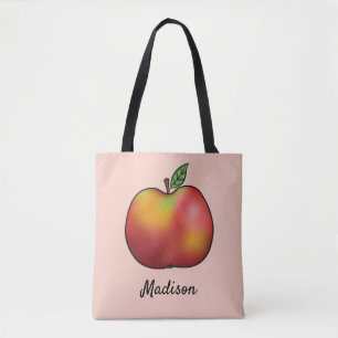 Roter Cartoon Apfel auf Rosa mit Individuelle Name Tasche