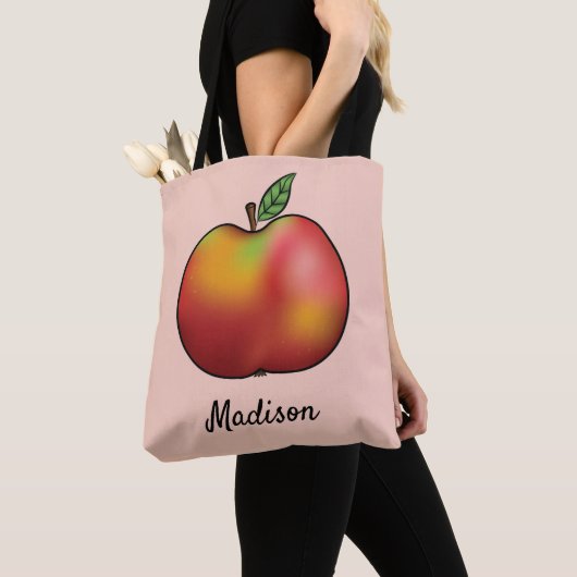 Roter Cartoon Apfel auf Rosa mit Individuelle Name Tasche (Von Nahem)