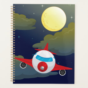 Roter Cartoon-Flugzeug fliegt in der nächtlichen H Planer