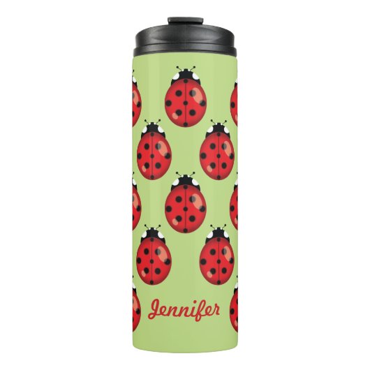 Roter Cartoon Ladybugs mit Individuelle Name Thermosbecher (Vorderseite)
