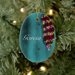 Roter Chile Ristra an der blauen Tür Weihnachtsbel Keramik Ornament