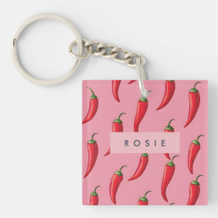 Roter Chili Pepper-Muster auf rosa Hintergrund Schlüsselanhänger