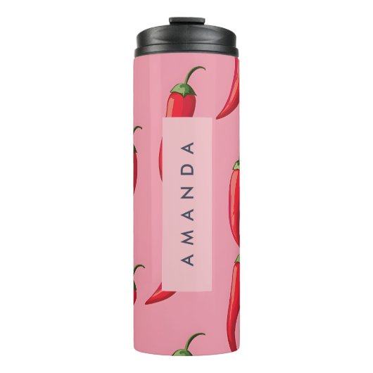 Roter Chili Pepper-Muster auf rosa Hintergrund Thermosbecher (Vorderseite)