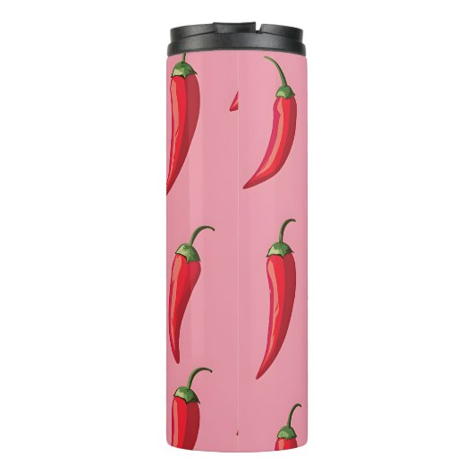 Roter Chili Pepper-Muster auf rosa Hintergrund Thermosbecher (Rückseite)