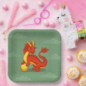 Roter chinesischer Drache auf Grün Pappteller (Party)