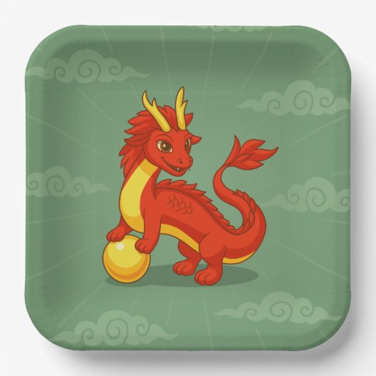 Roter chinesischer Drache auf Grün Pappteller (Vorderseite)