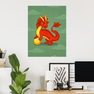 Roter chinesischer Drache auf Grün Poster